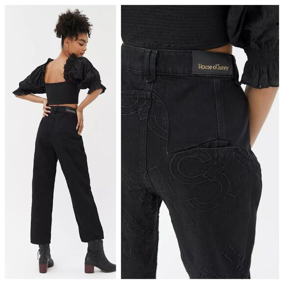 House of Sunny Staple Jean Size 6 Embroidered Black Denim Cropped Straight Leg - Picture 2 of 10